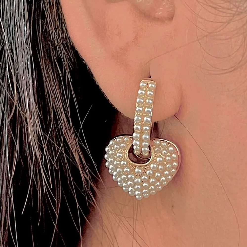 New Gold Plated Pearl Heart Huggie Hoop Earrings - Picture 2 of 6